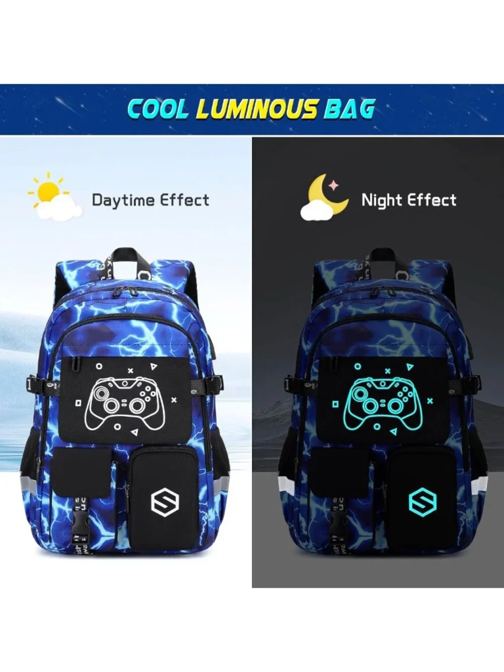 Luminous Boys Backpack Set with Lunch Bag & Pencil Case, USB Charging, School